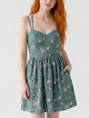 Floral Sweetheart Neckline Strappy Teal Blue Orange Sundress With Pockets